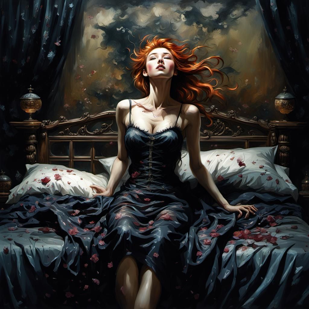 Ecstatic Woman in Gothic Bedroom, Realistic Oil Painting