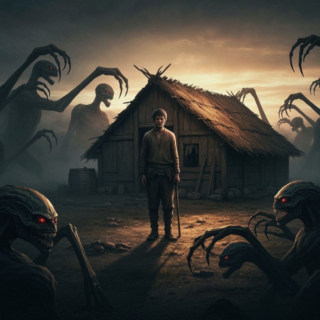 Stoic Defender in Dark Fantasy Landscape