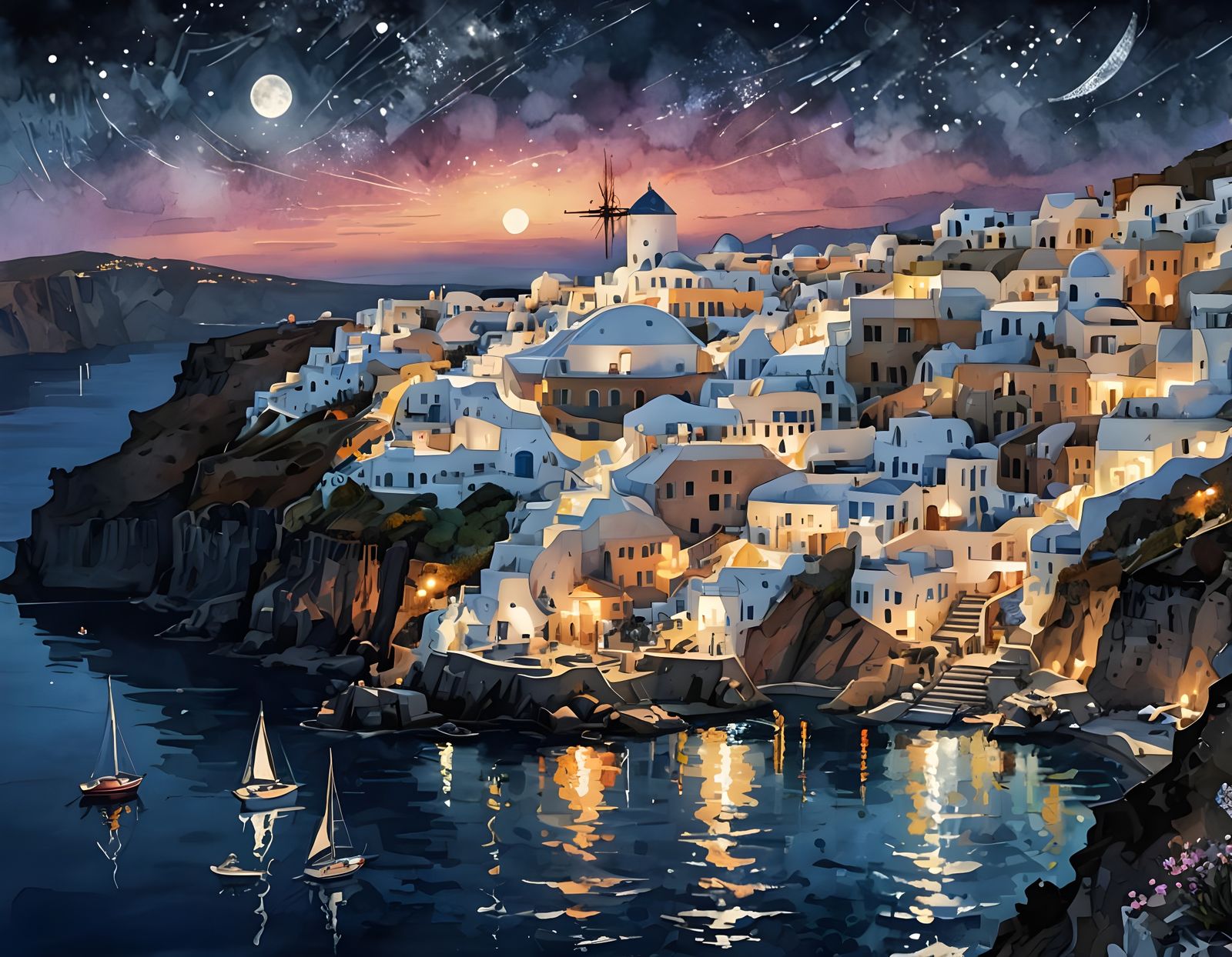 Santorini on Sparkling Moonlit Waters, in Vibrant Digital Wa...