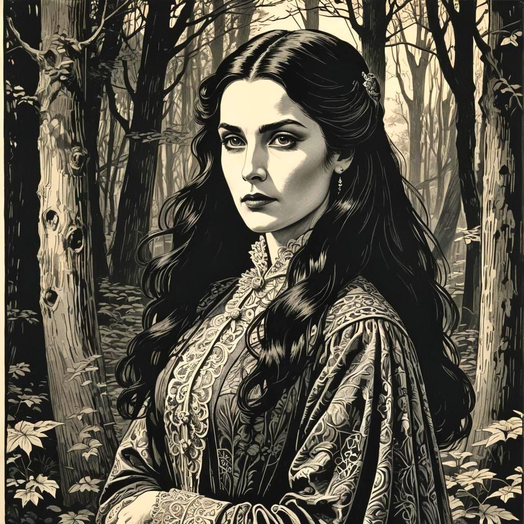 Mina Murray Portrait in Black and White Woodcut