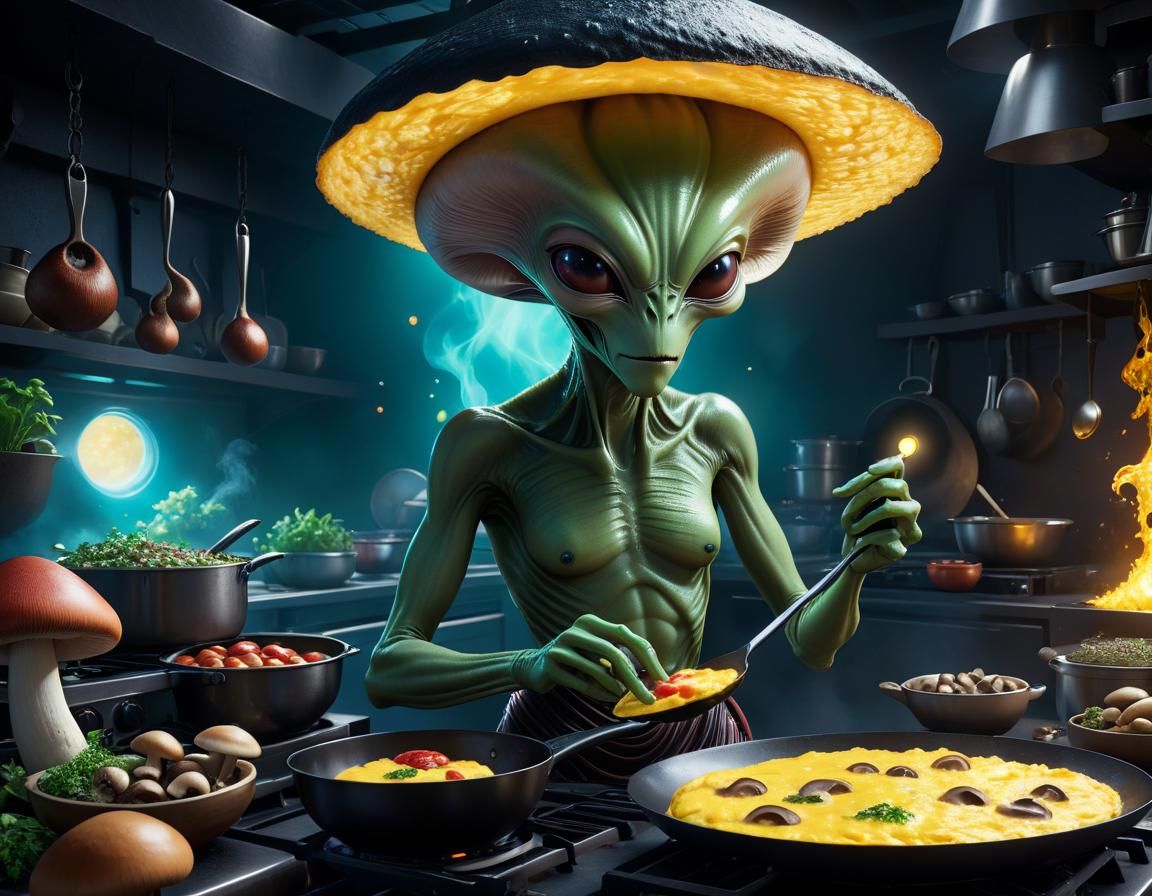 Alien Chef Cooking Omelette in Sci-Fi Style