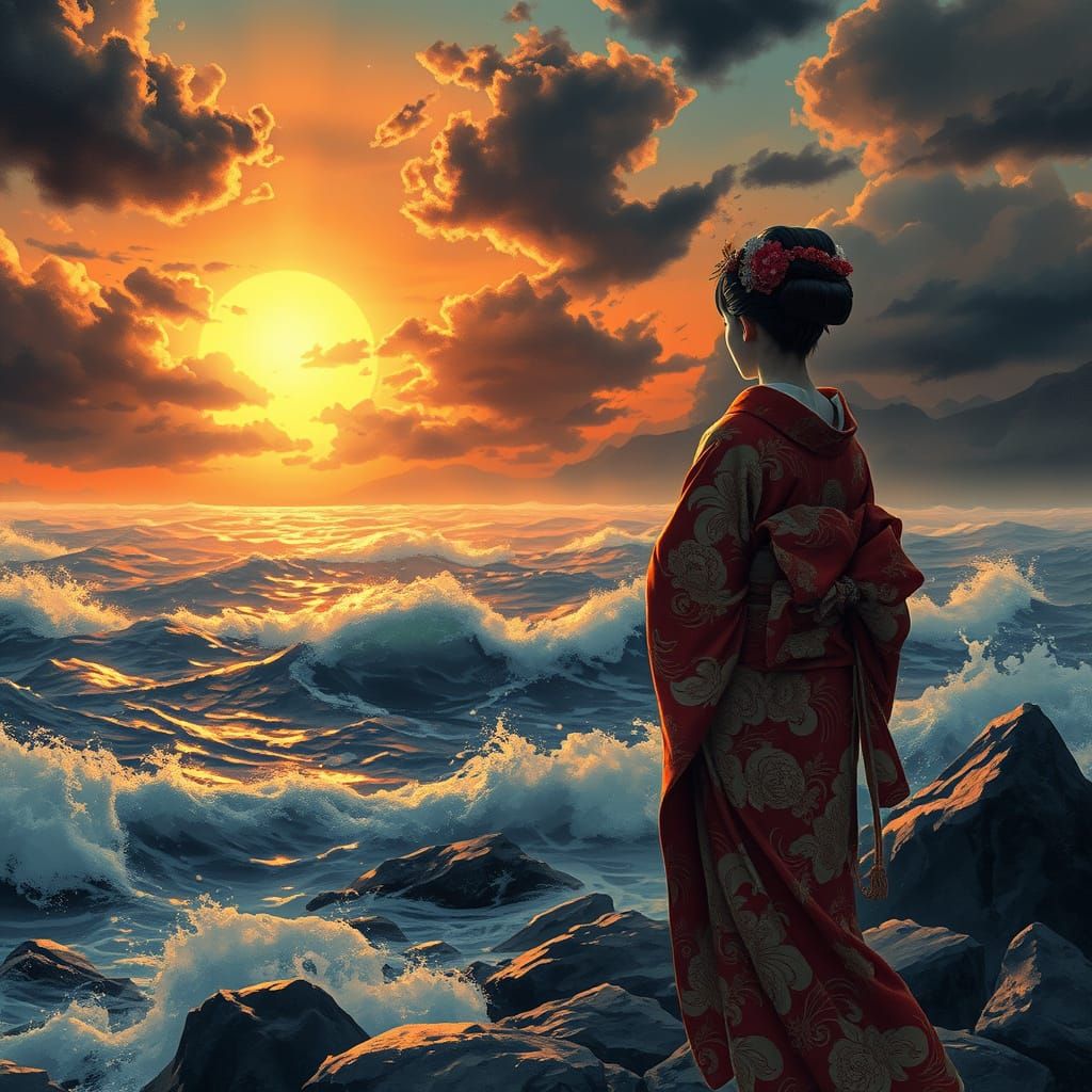 Geisha Gazing at Stormy Sunset Ocean
