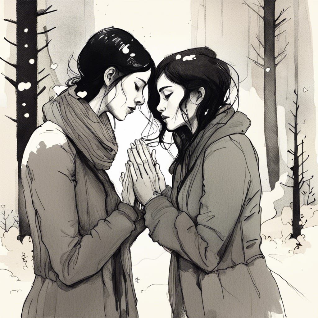 Lesbian Proposal in Forest, Charcoal Drawing