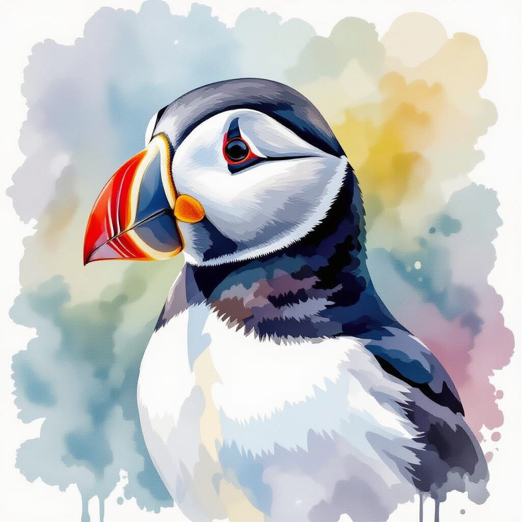 Atlantic Puffin in Expressive Watercolor Style