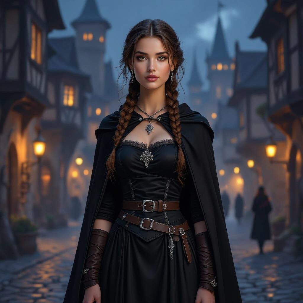 Dark Fantasy Medieval Woman in Black Dress at Night