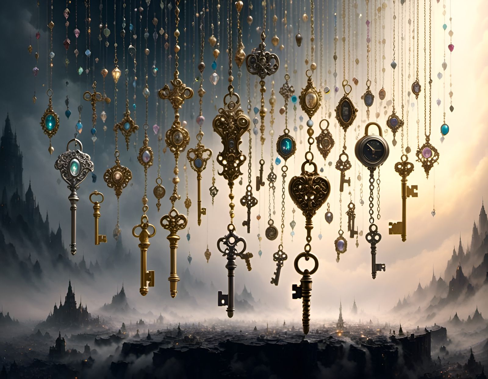 Girl Reaches for a Golden Key in Dark Fantasy