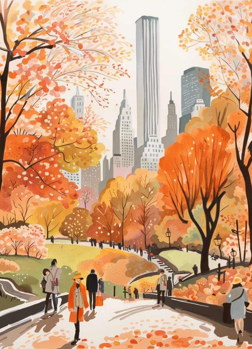 Autumn in Central Park: Gouache Painting in 70s Style