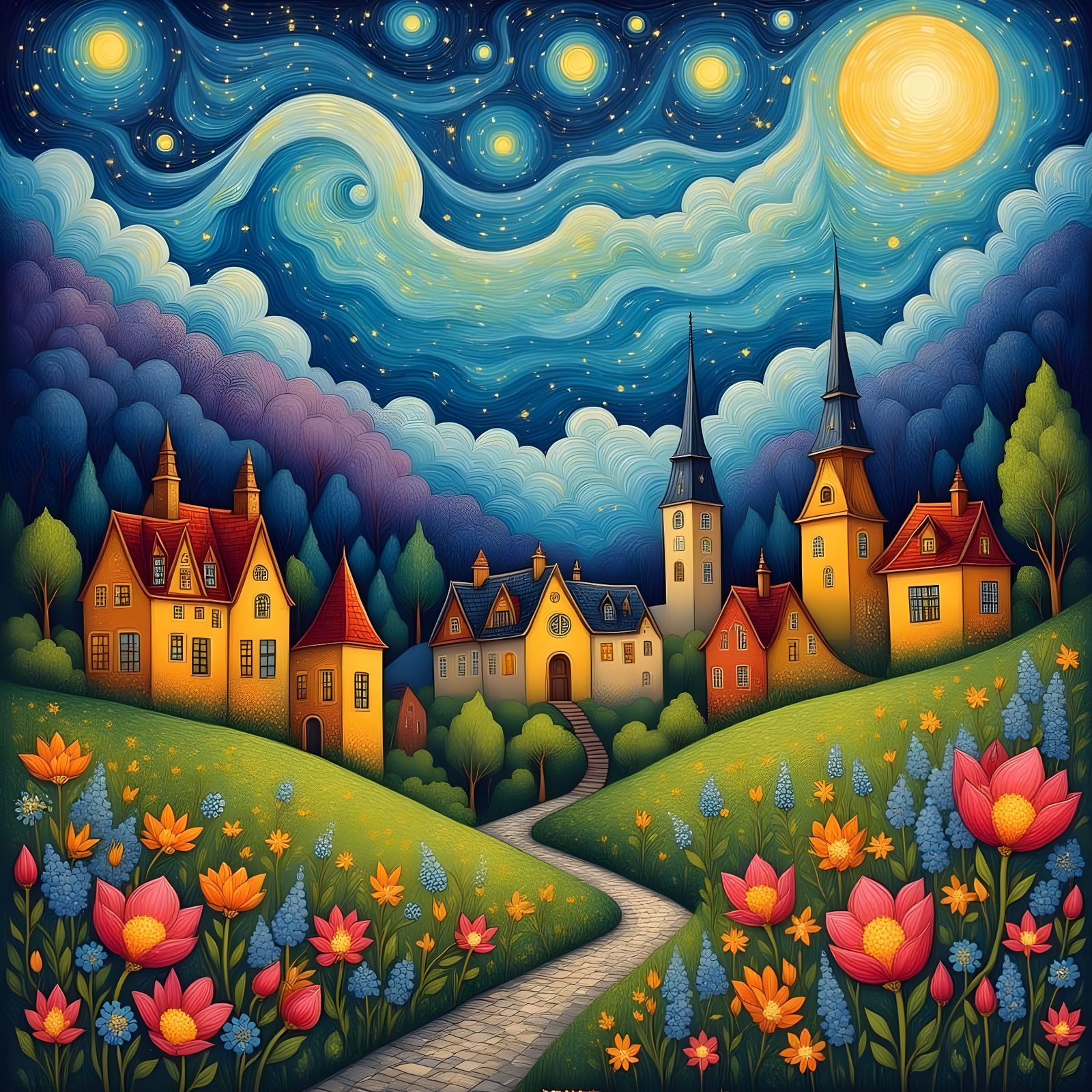 A whimsical village nestled in a valley…