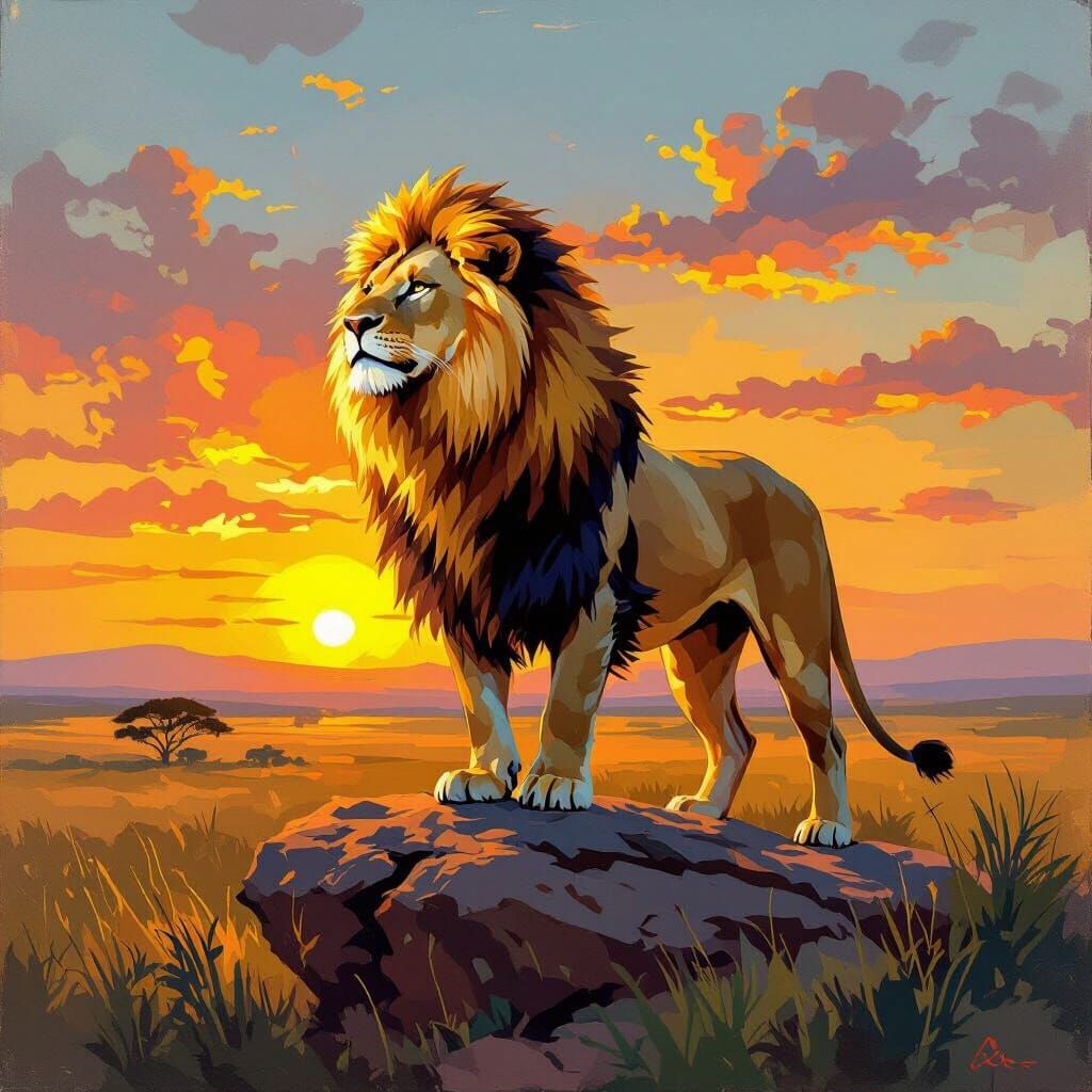 Majestic Lion Overlooking Savanna in Fauvist Style
