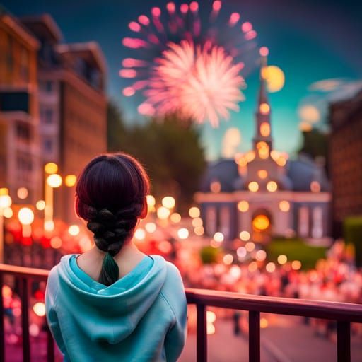 Young Woman Watches Fireworks Over Candyland