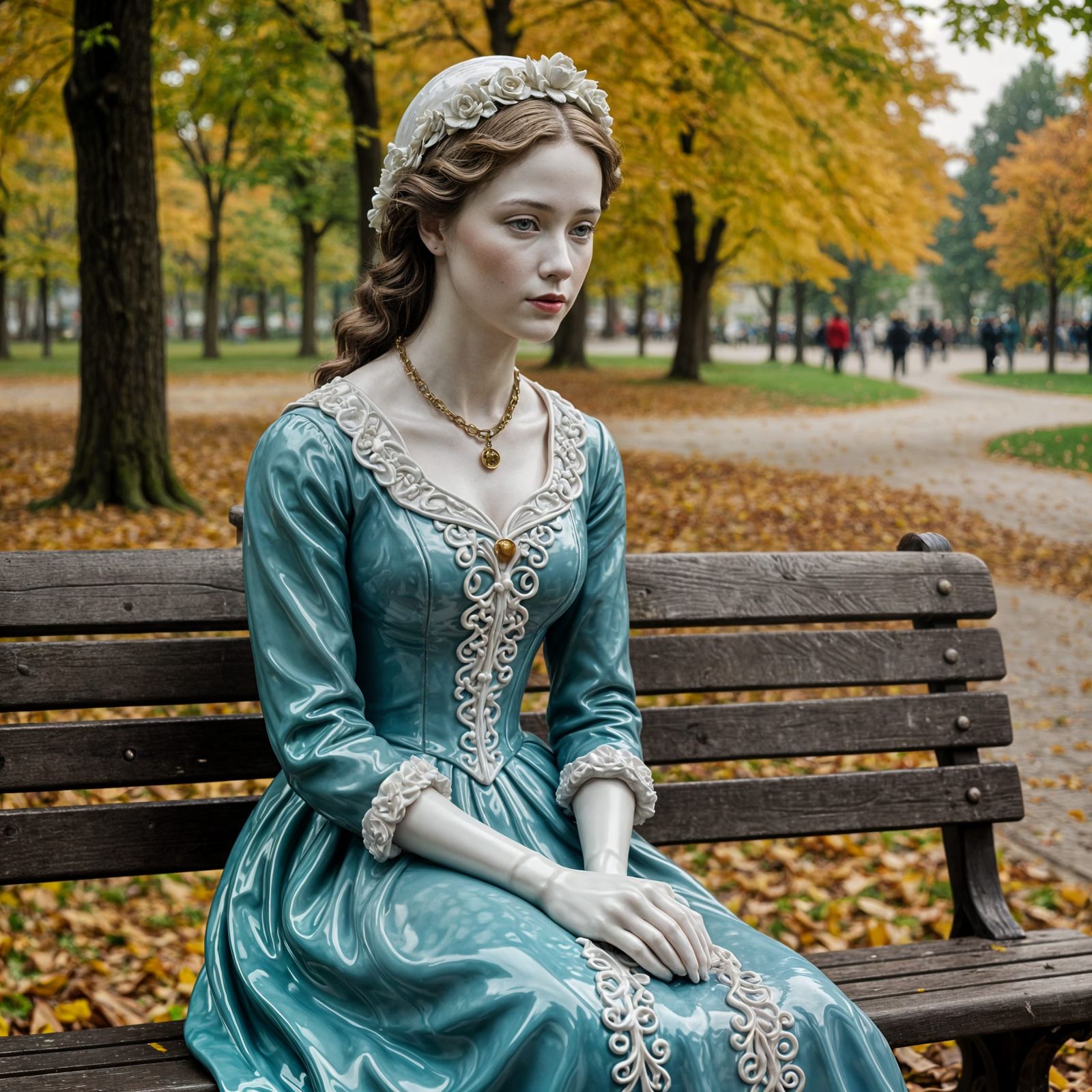 Delicate Porcelain Lady Sits on a Park Bench in Serenity