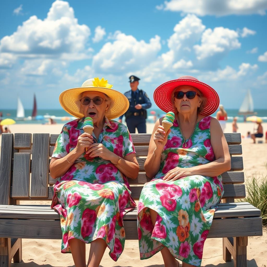 Sisters Enjoy Ice Cream on a Vibrant Beach Day