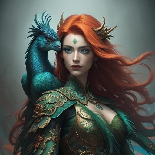 Dragon Woman with Peacock Feathers in Digital Painting
