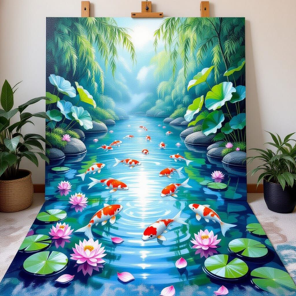 Koi Fish Emerge From Pond Onto Studio Floor Painting