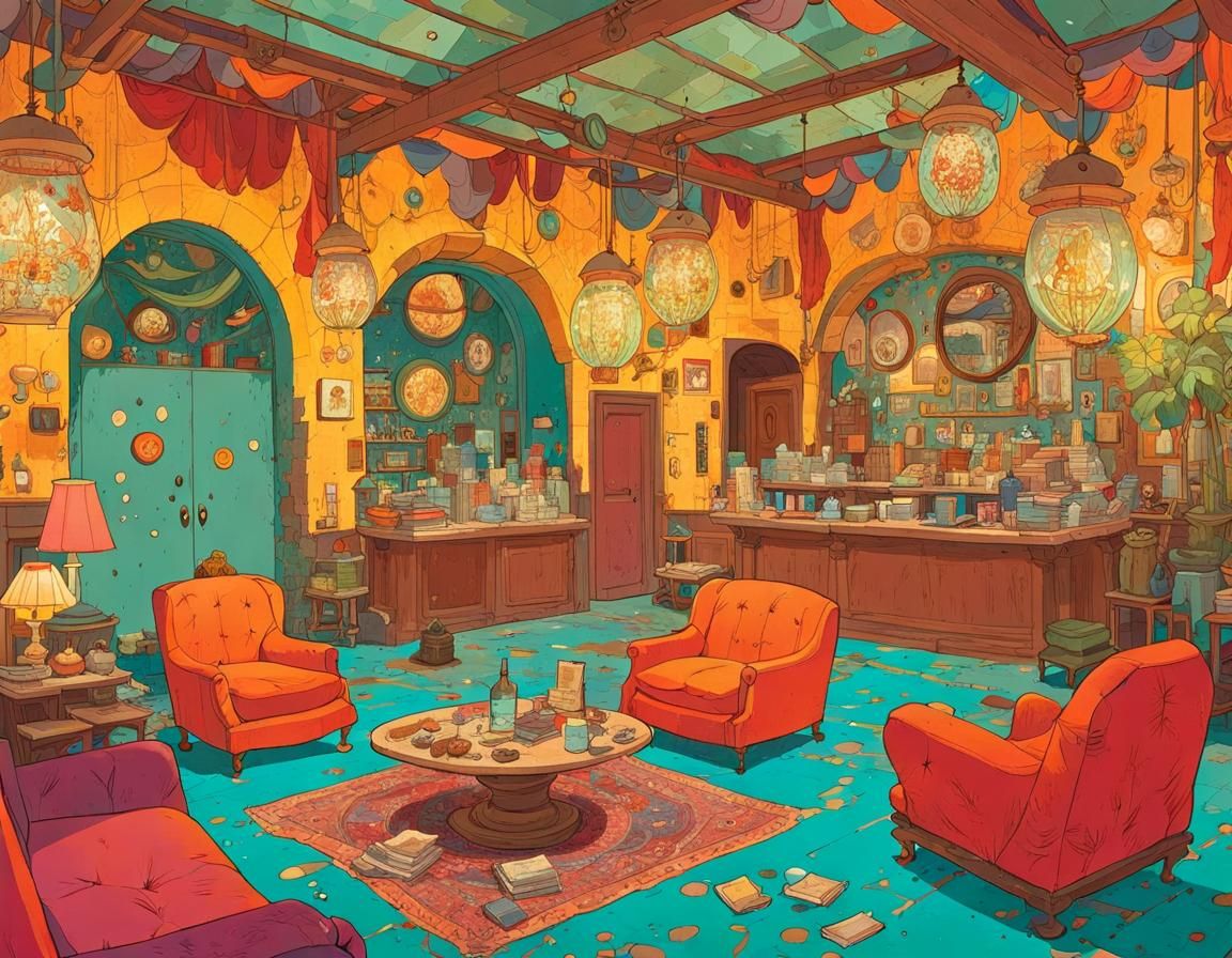 Colorful Maximalist Hotel Lobby in Comic Art Style