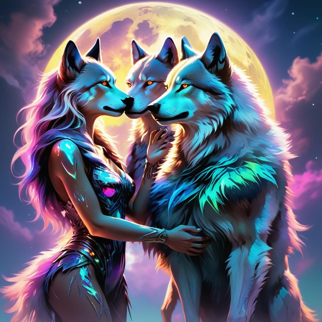 Couple Transforms into Wolves Under Moon, Hyperrealistic Art