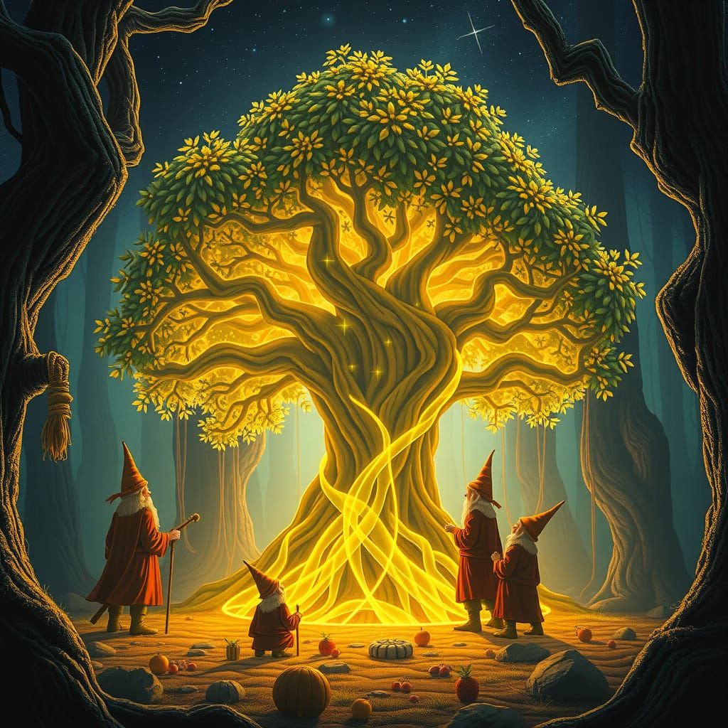 Dwarves Celebrate at the Tree of Life in Synthwave Style