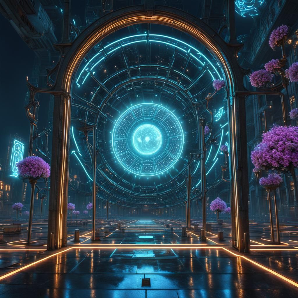 Neon-Gothic Portal Reveals Dream Vista in Cyberpunk Style