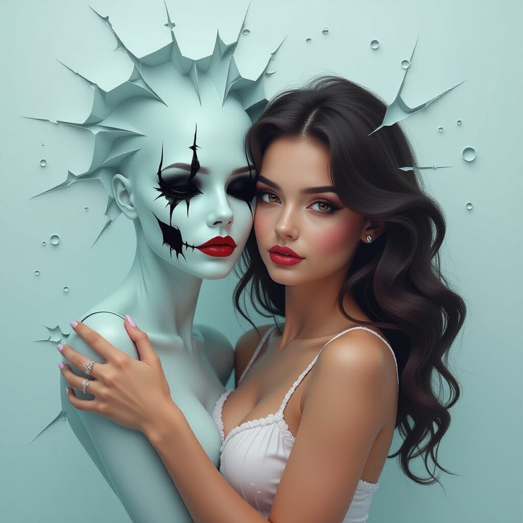 Distorted Portrait of Ghostly Figure with Pin-up Girl