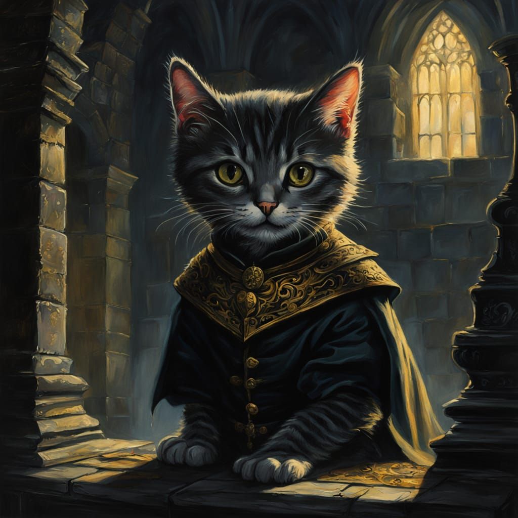 Whimsical Gothic Kitten Reigns from Throne
