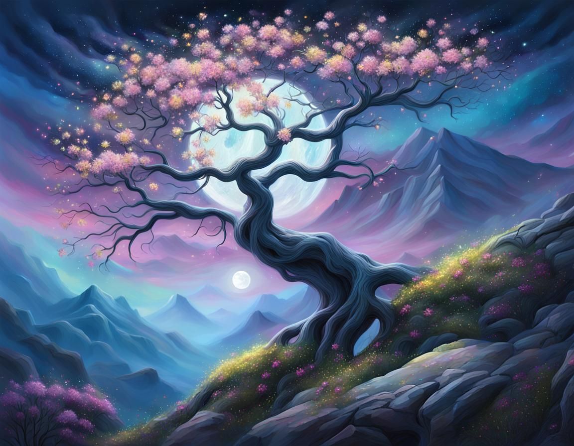 Mystical Tree with Blossoms Under Moonlight