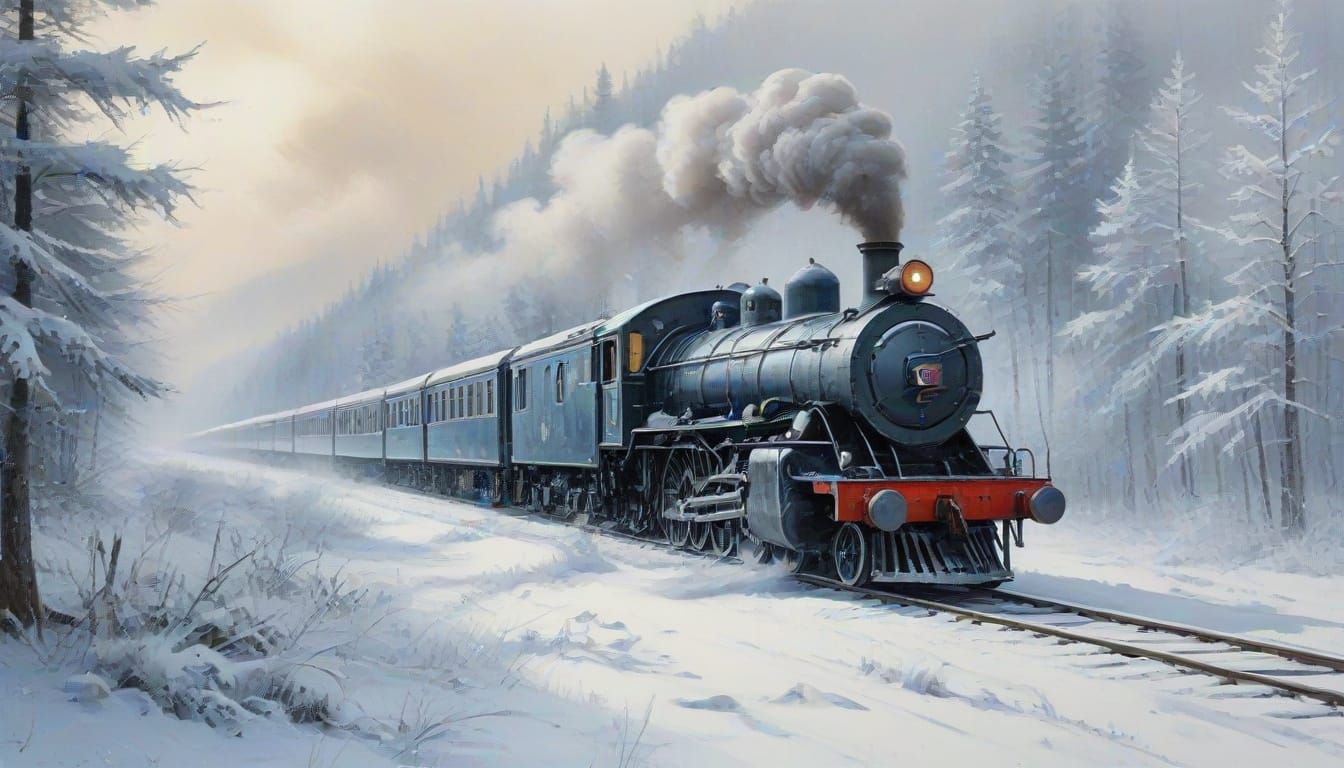 Vintage Steam Train in Snowy Winter Landscape