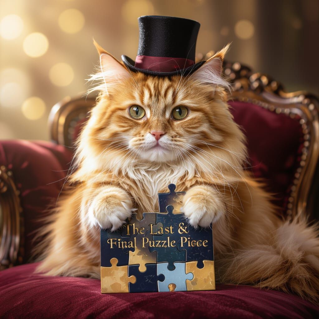 Fluffy Cat Holds Final Puzzle Piece in Elegant Studio Portra...