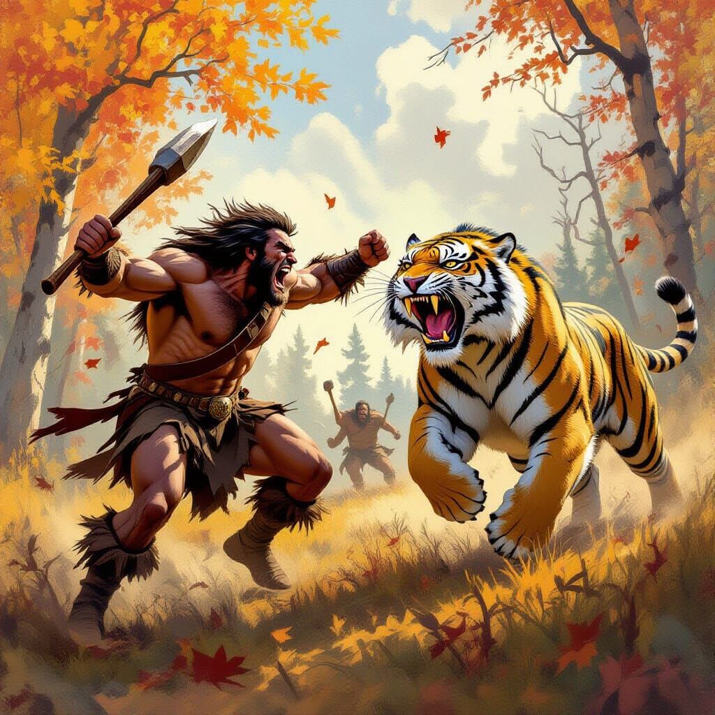 Primitive Man Battles Sabertooth Tiger in Autumn Forest