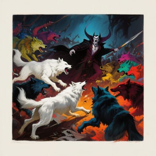 Werewolf War Pack Battles Vampire Lord in Gothic Fantasy Art
