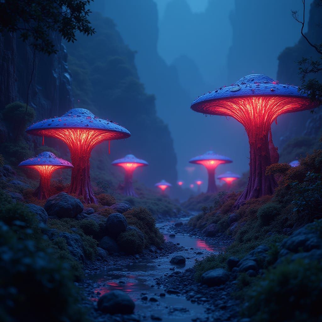 Surreal Alien Landscape at Nighttime with Bioluminescent Pla...