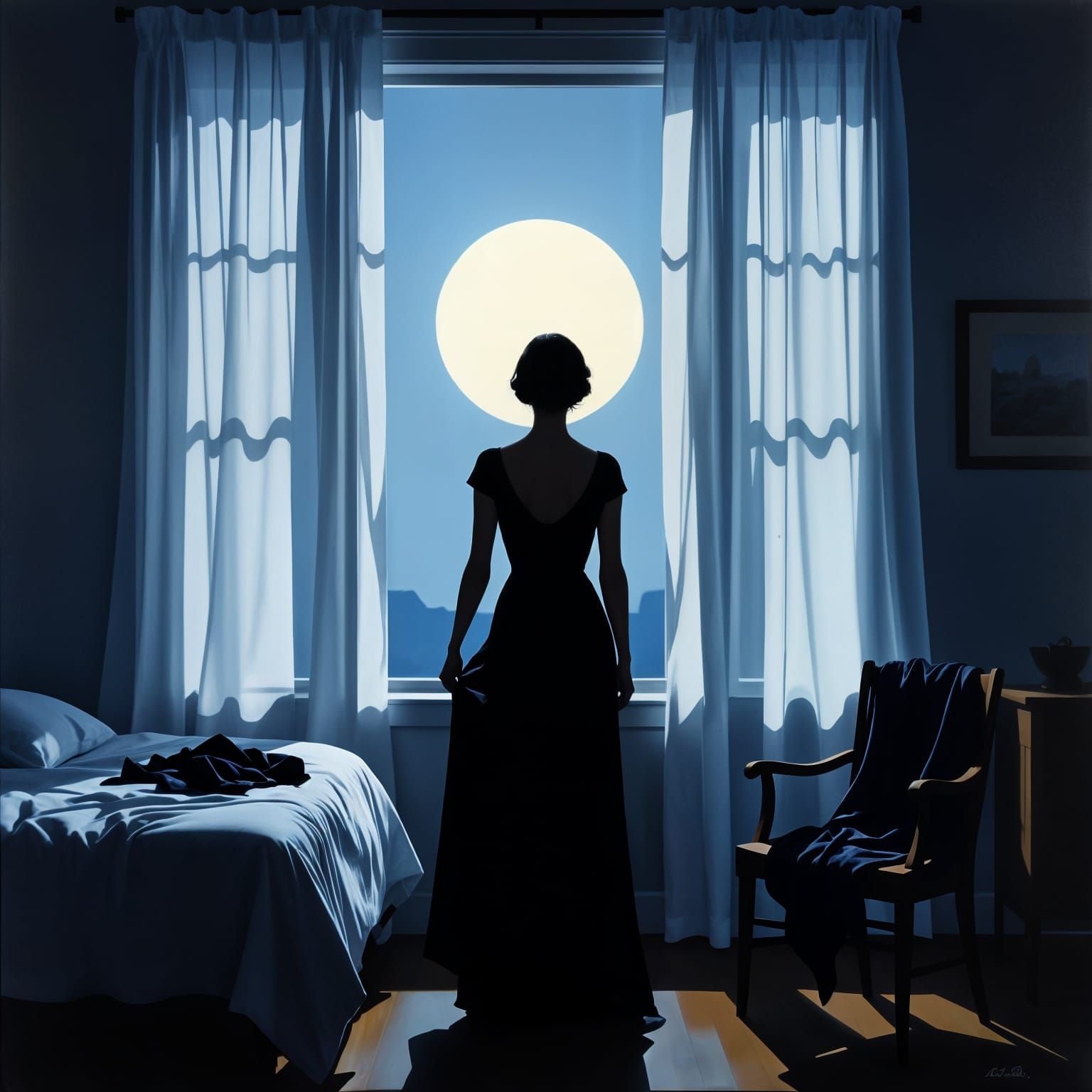 Woman's Silhouette in Moonlight Bedroom Painting