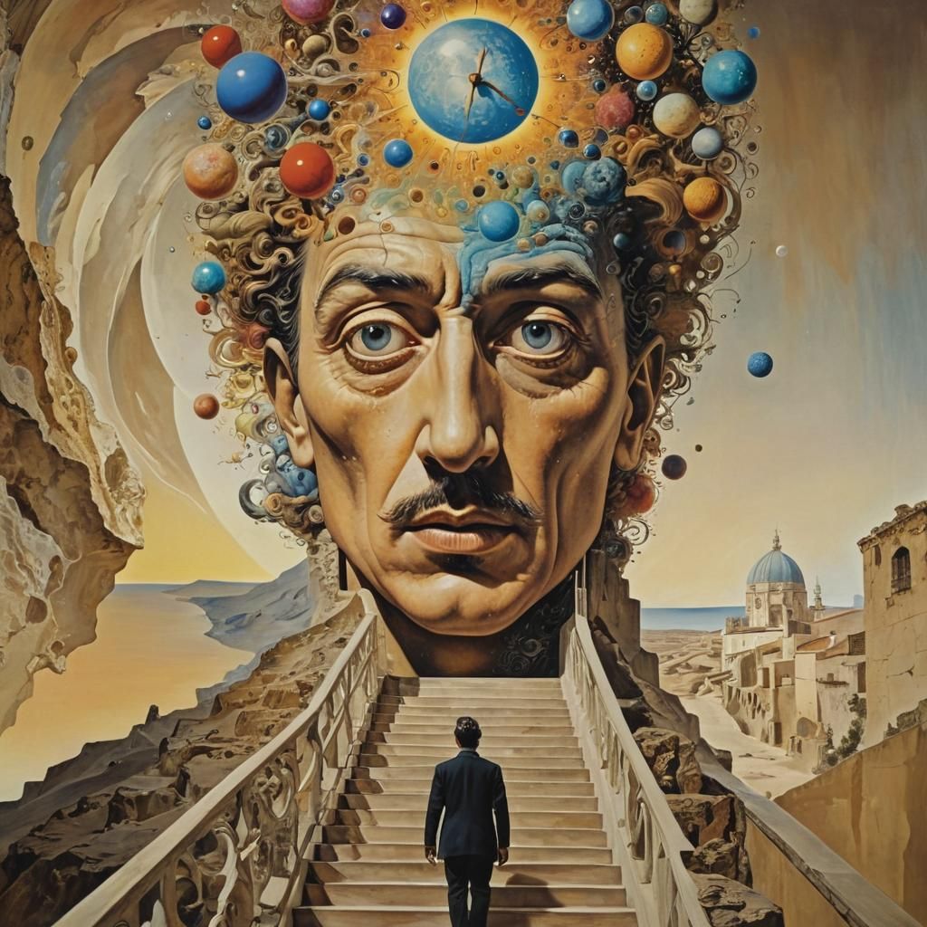 Surreal Staircase to a Giant Head in Multicolored Style