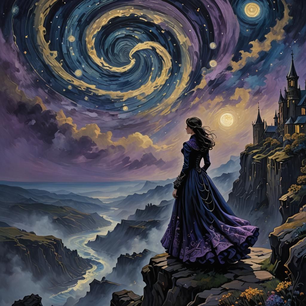 Victorian Figure Gazing at Starry Vortex in Gothic Art