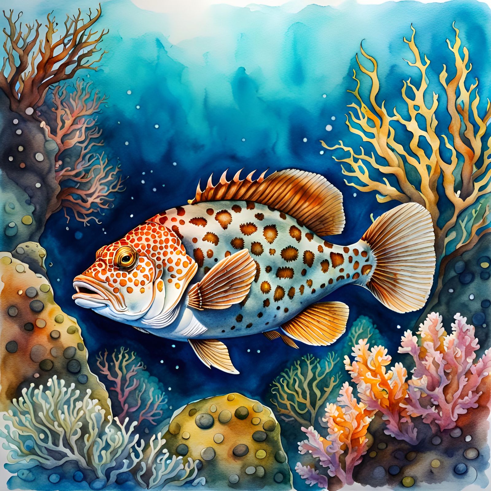 Realistic Grouper in Underwater Coral Reef