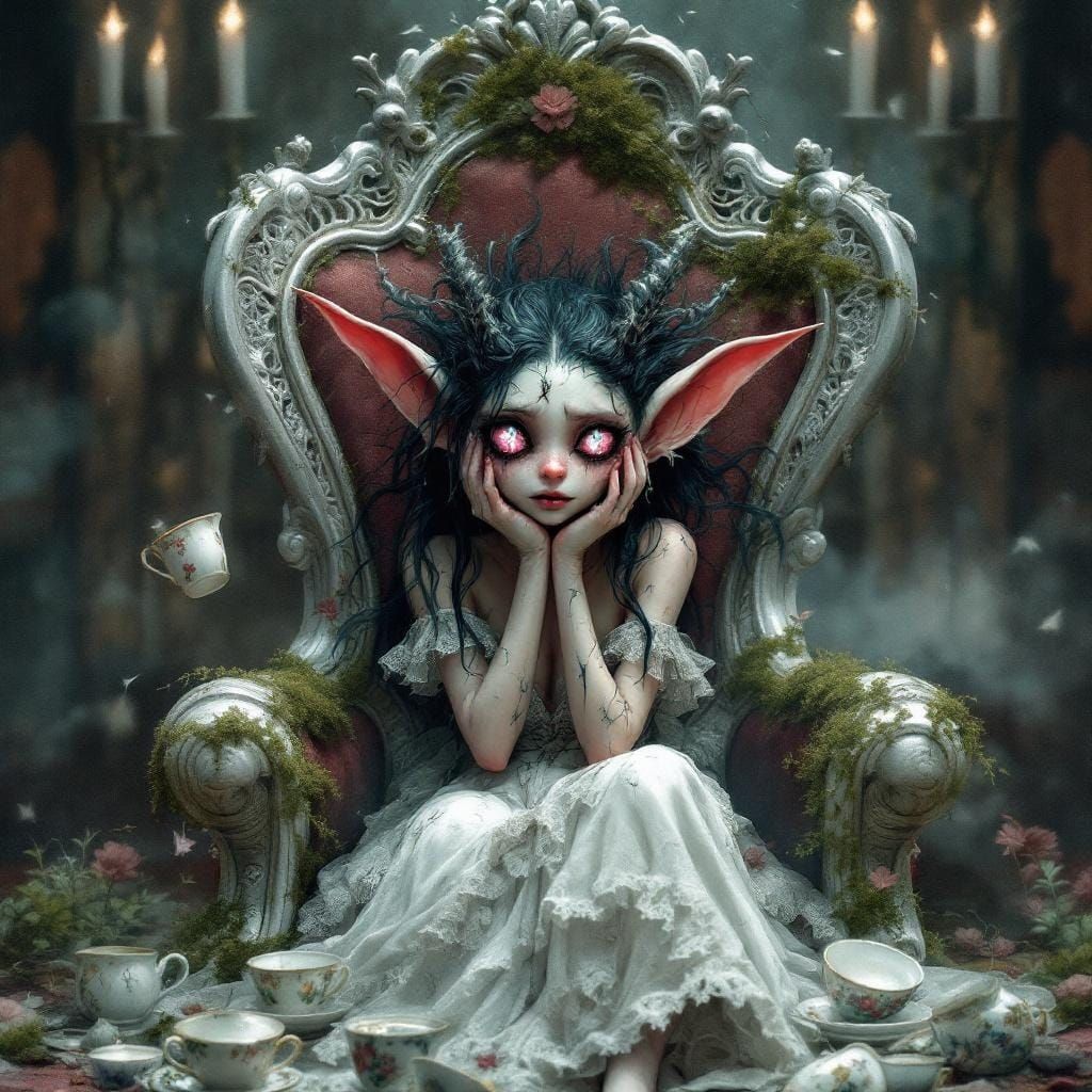 Goblin Queen on Teacup Throne in Watercolor Style