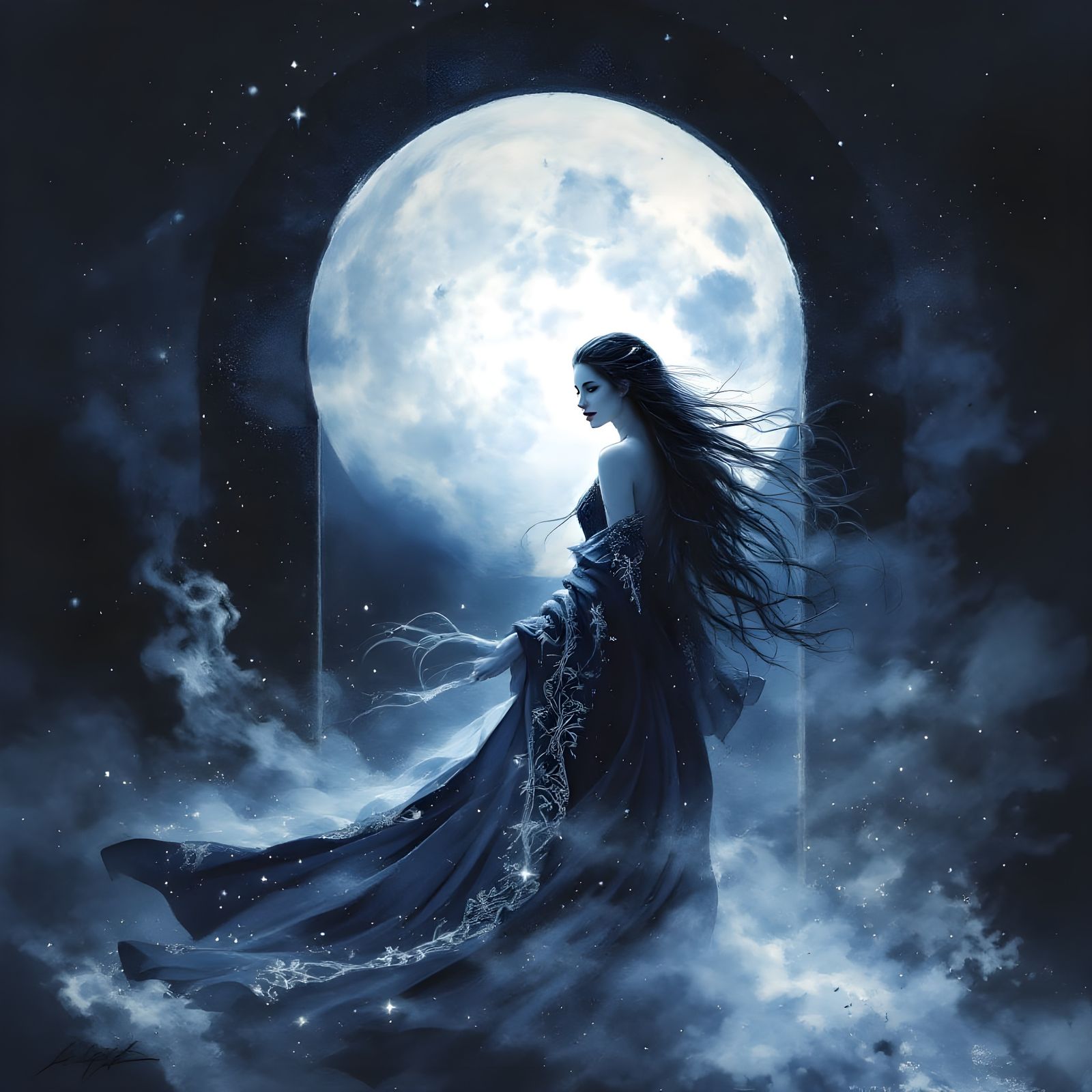 Norse Goddess in Dark Blue Robe, Glowing in Misty Night