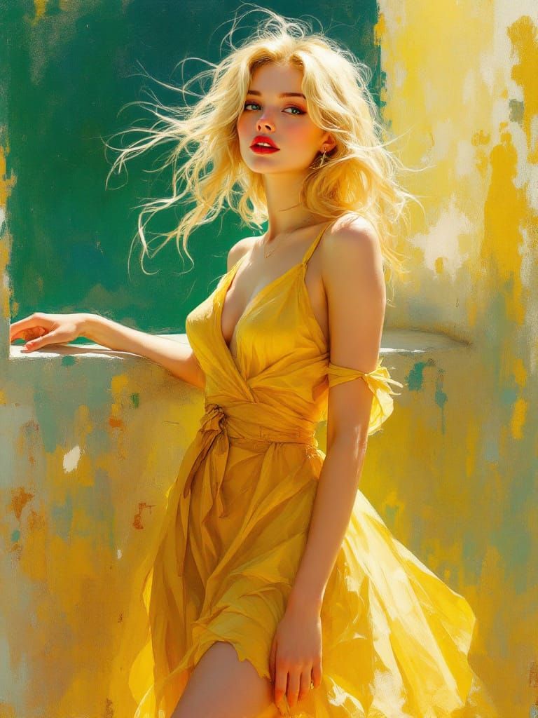 Solarpunk Pin-Up Woman in Radiant Mediterranean Light