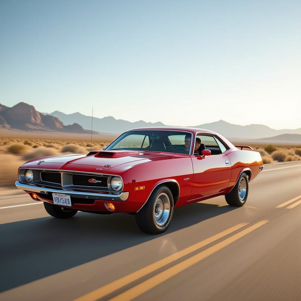 Cherry Red 1970 Plymouth Barracuda on Desert Highway