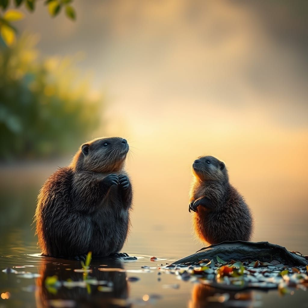 Tranquil Morning with Beaver Family