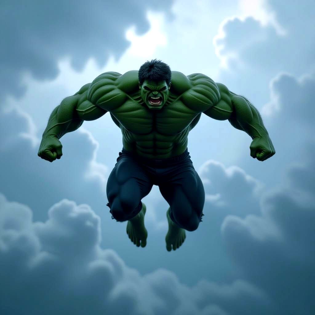 The Savage Hulk Soars Through the Sky in Cinematic Film Stil...