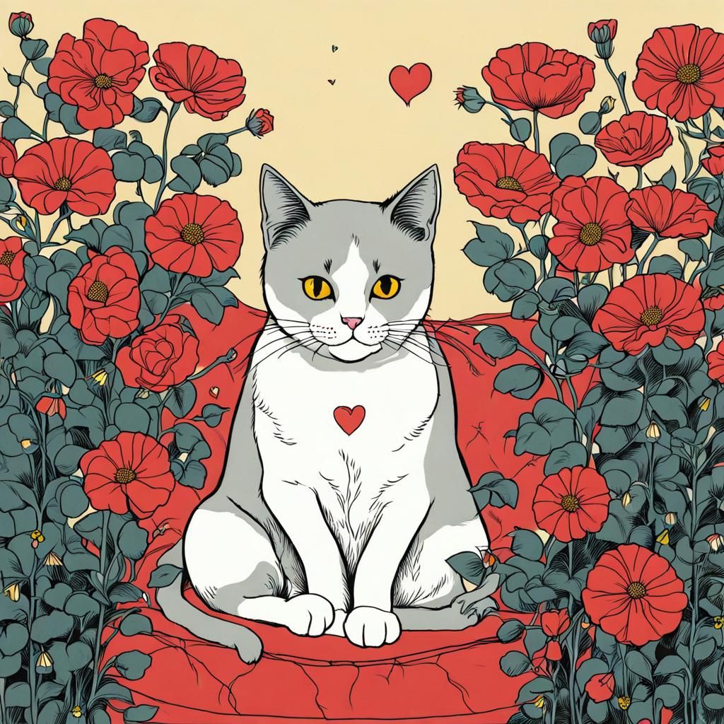 Pop Art Cat with Flowers and Heart Lights