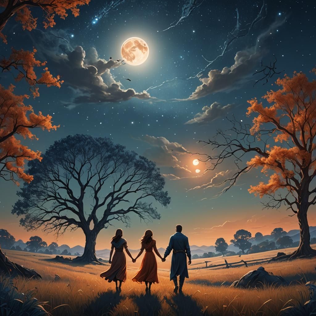 Couple Holding Hands Under Starry Sky: Fantasy Art
