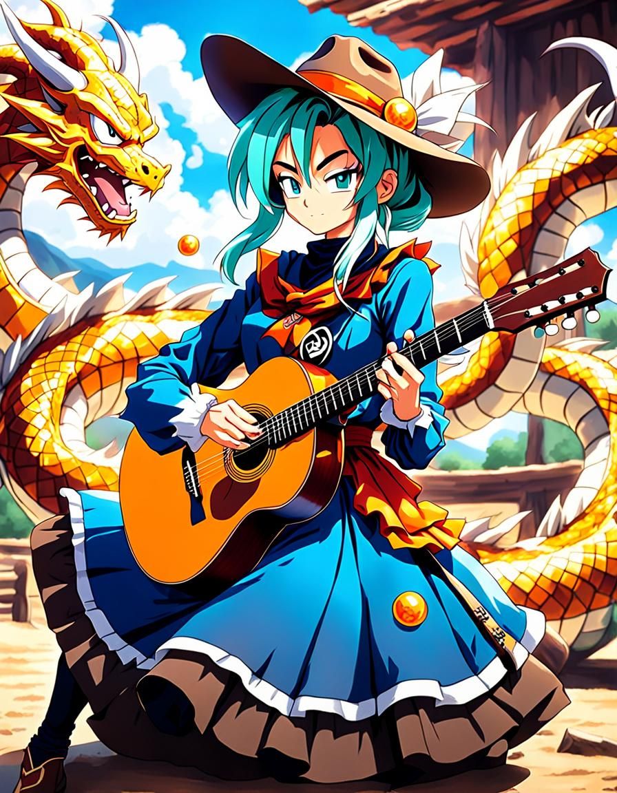 Anime Cowgirl Plays Guitar in Dragon Ball Style