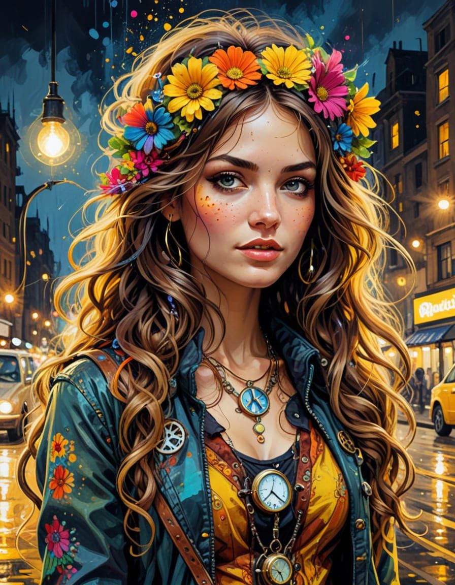 Steampunk Hippies in a Night Cityscape