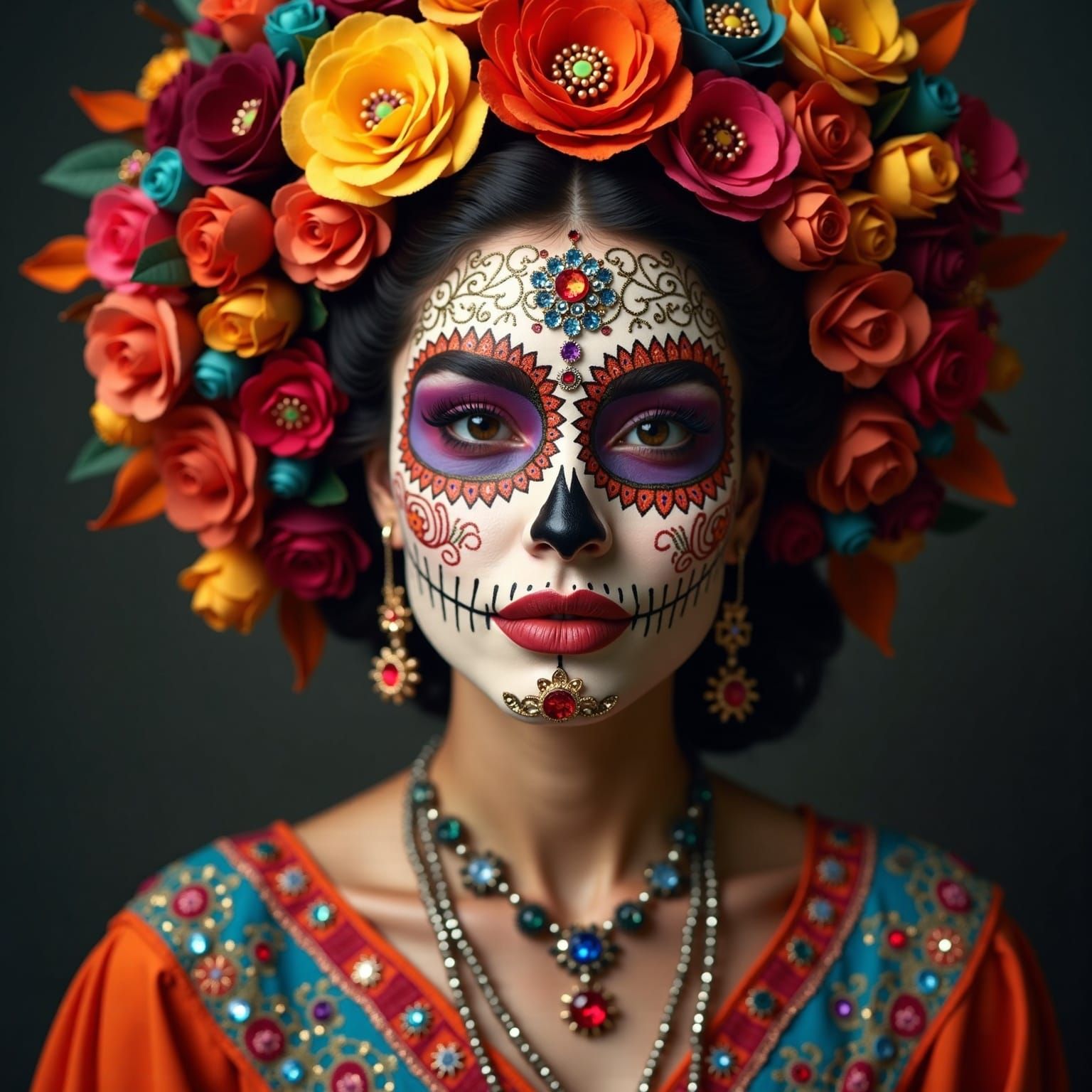 Mexican Lady with Sugar Skull Headpiece in Folk Art Style