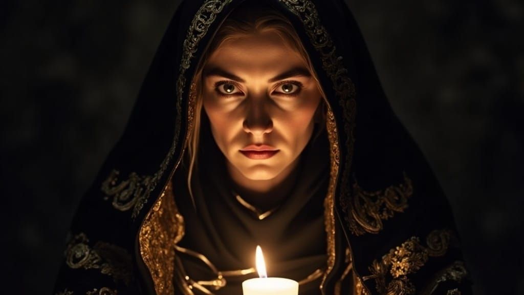 Woman in Black Robe with Candle in Chiaroscuro