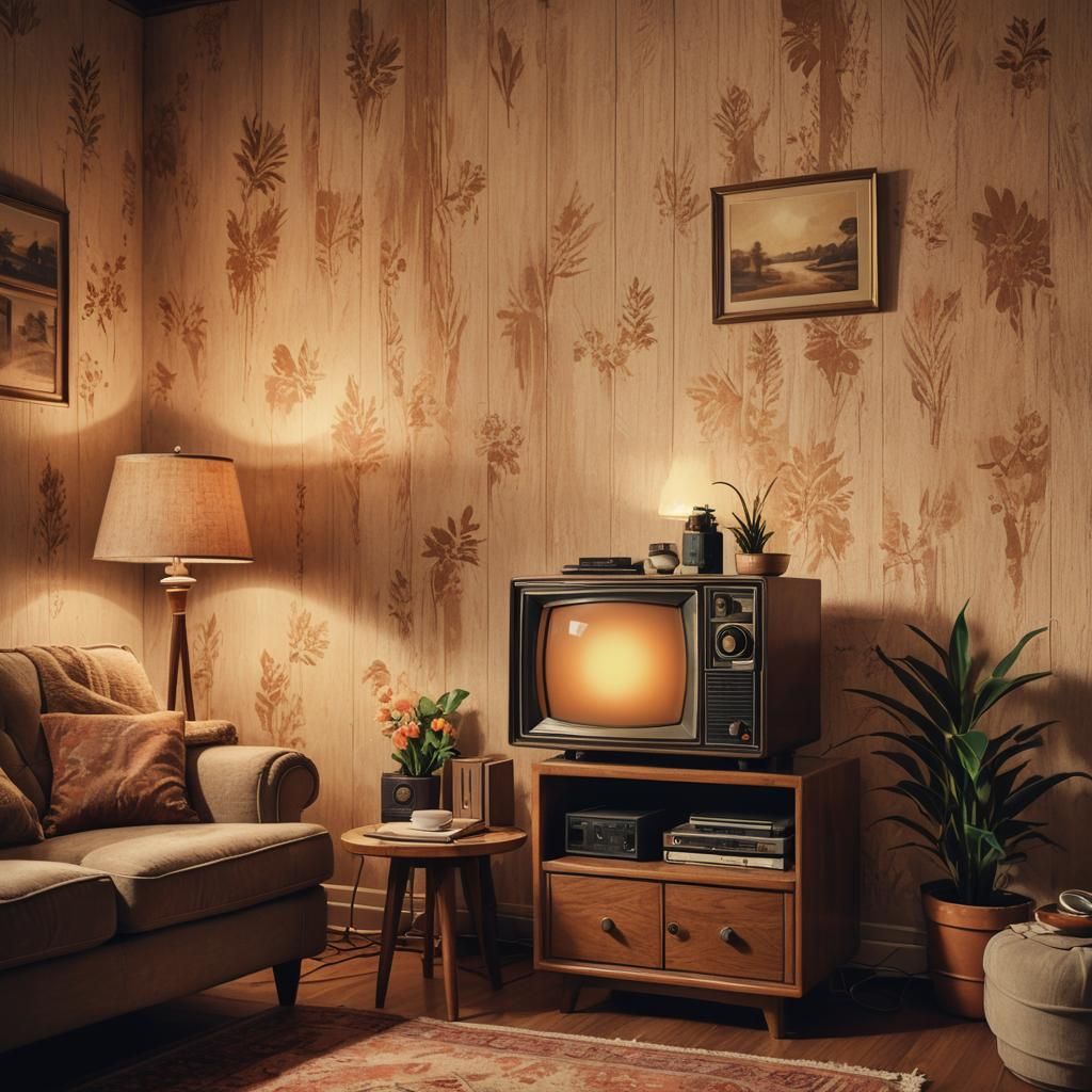 Vintage 1980s Living Room in Retro Digital Painting
