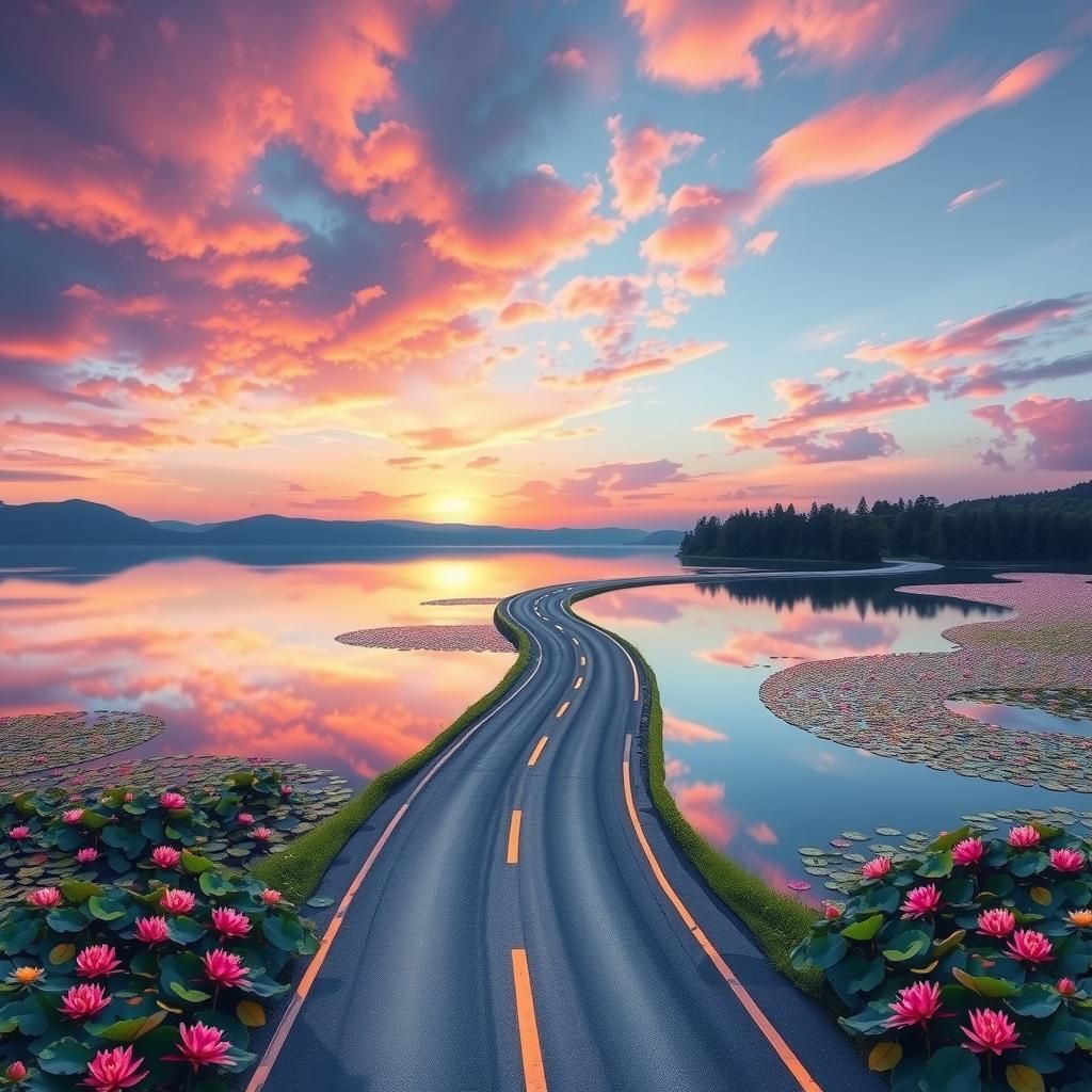 Serene Lake Road Reflecting Sunset, Impressionistic Style