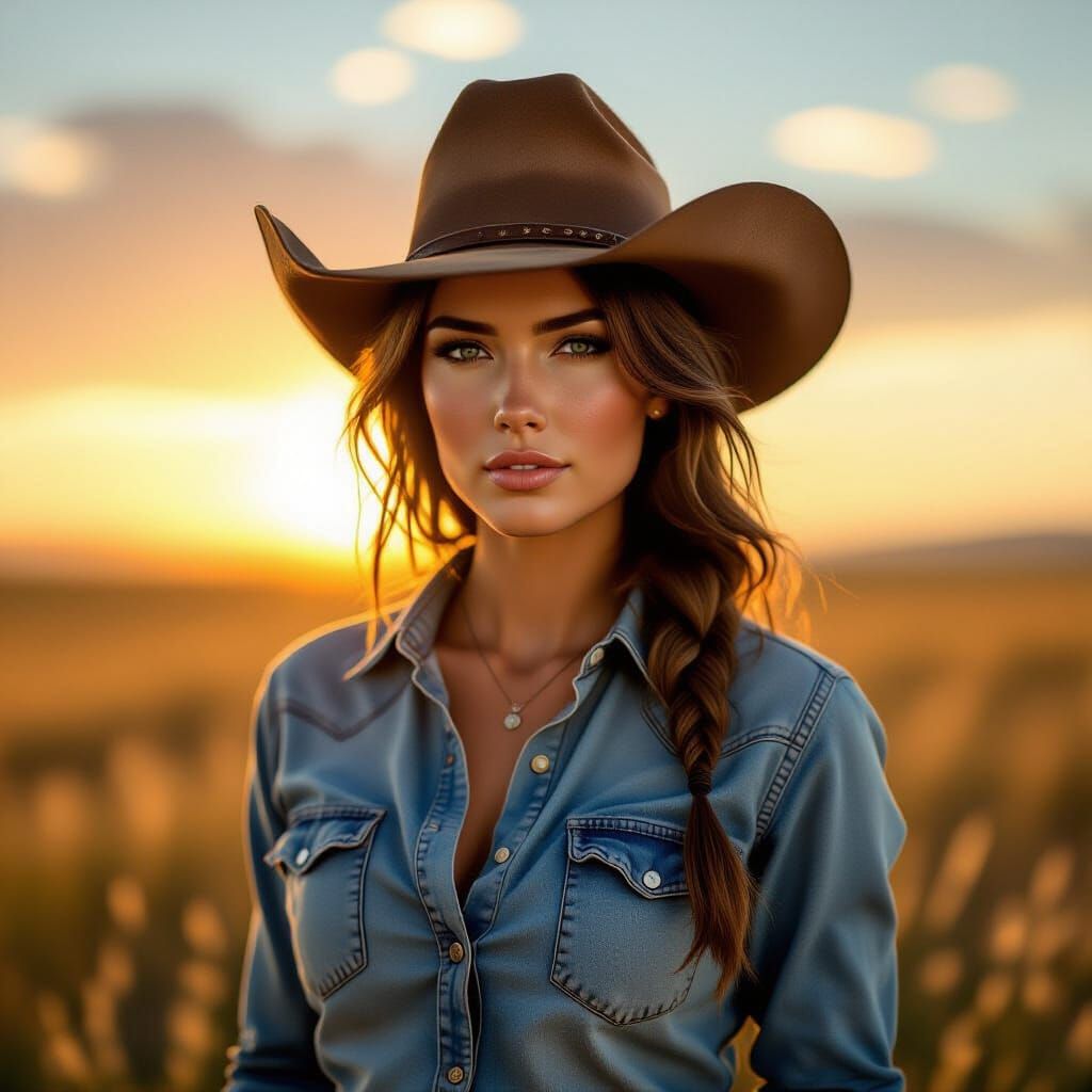 Strong Cowgirl in Sun-Drenched Prairie Landscape