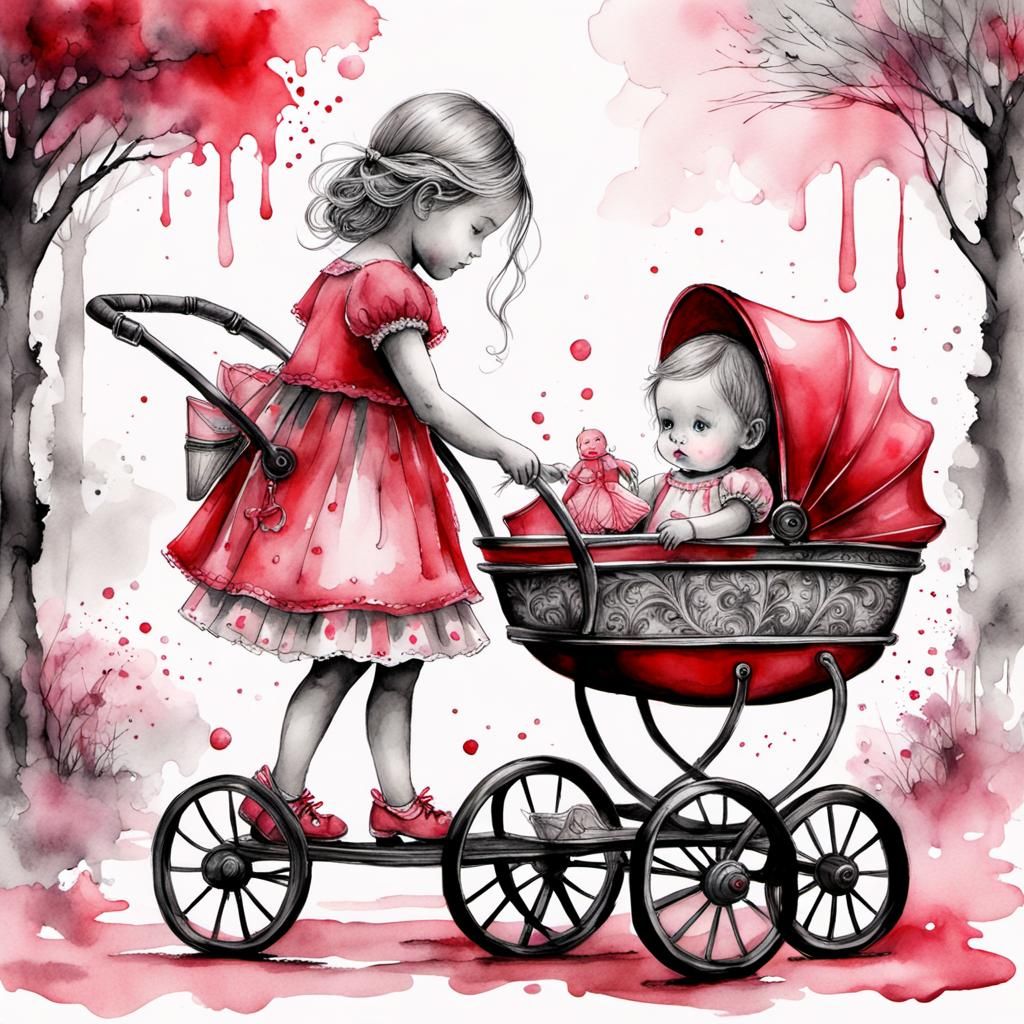 Adorable Girl with Doll in Pink Watercolor